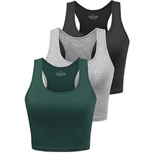 Workout Crop Tops for Women Tank Top Cropped Athletic Shirt Racerback Tanks Sleeveless Undershirt Fitted Summer Tops Gym Exercise Clothes Work Out Running Activewear 2 Pack Black/Grey/Emerald Green M
