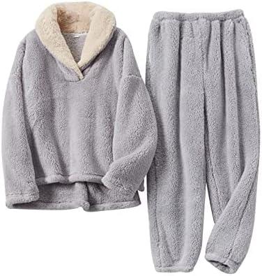 Arssm Women Fluffy Pajamas Set Fleece Pullover Pants Winter Loose Plush Lounge Sets 2 Piece Cozy Sleepwear(LightGrey-L) (Gray) Large