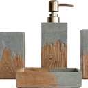 Hymmah Bathroom Accessories Set,Wooden Design Toothbrush Holder,Farmhouse Bathroom Decor,4 Pcs Resin Gift Set Apartment Necessities, Contain Toothbrush Cup,Soap Dispenser,Soap Dish,Tumbler
