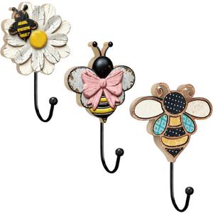 Kathfly 3 Pcs Bee Decorative Wall Hook Large Farmhouse Flower Coat Hook Vintage Wall Mounted Towel Holders for Hanging Coat Clothes, Keys, Hats, Towels Nursery Bathroom Bedroom Decor