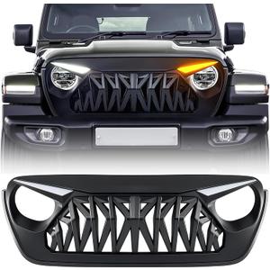 Front Grill Compatible with 2018-2026 Jeep Wrangler JL JLU & 2020+ Gladiator JT, Shark Grille w/DRL and Turn Signal Lights, Matte Black