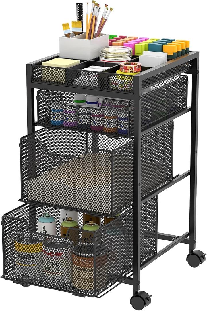 Rolling Utility Cart with 3 Drawers, Craft Organizer and Storage with DIY Divider, Lockable Wheels, Multi-Functional Storage for Art Supplies, Store for Brushes & Paints & Small Parts(Patent Pending) (Black)