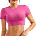YEOREO Short Sleeve T Shirt for Women Double Lined Crop Top Crew Neck Workout Tee Colin Slim Fit Summer Basic Going Out Top (Small, Rose)