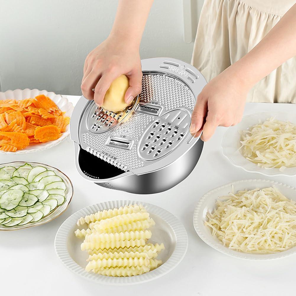 Rice Washer Strainer Bowl with Grater, 4-in-1 304 Stainless Steel Rinser Strainer with Side Drainers &Slicer Cuts, Kitchen Colander for Cleaning Quinoa, Fruits, Vegetables, Beans