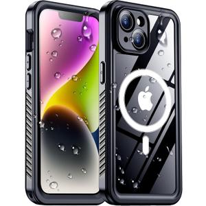 Temdan Compatible with iPhone 14 Case Waterproof, Built-in Screen & Camera Protector IP68 Underwater Full Body 14FT Military Dropproof Shockproof Phone Case 6.1"-Black/Clear-Mag