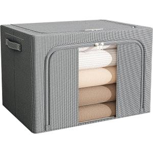 100L Clothes Storage Bins with Metal Frame Foldable Storage Bins with Lids Clothes Organizers and Storage with Clear Window Stackable Zippered Clothes Storage Bags(Darkgray)