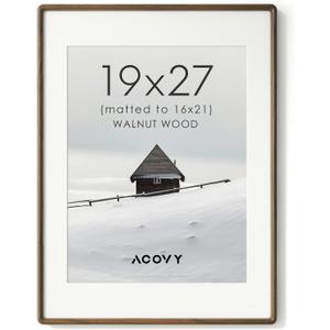 19x27 Picture Frame, Natural Solid Walnut Wood Photo Collage Frame with HD Tempered Glass, Rounded Corner Wooden Frame 19 x 27 Matted to 16x21, Gallery Wall Frames for Art, Wall or Tabletop Display