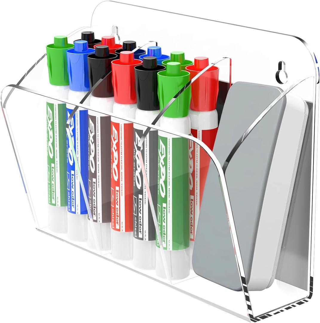 Dry Erase Marker Holder with 3 Compartments, Wall Mounted Marker Organizer, Magnetic Marker Holder Organizer for Whiteboard, Fridge, Locker, Pen Holder for Wall, Acrylic Pencil Holder, Clear