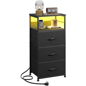 WLIVE LED Nightstand with Charging Station, Black Night Stand with 3 Fabric Drawers and Storage Shelf, Small Dresser for Small Space, 31.9" H Bedside Table with USB Ports and Outlets for Bedroom, Set Of 2