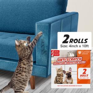 Panther Armor Anti Cat Scratch Furniture Protector Tapes, 2X Rolls, Furniture Scratch Guards for Cats, No Scratch Single Side Sticky Tape, 4in x 10ft, Transparent Gloss Protection