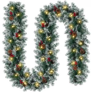 Christmas Garland with Lights - 9FT Pre-Lit Flocked Garland with 50 LED Bulbs, Red Berries, Pine Cones, Artificial Pine Battery Operated Garland for Fireplace, Staircase, Indoor & Outdoor Decoration