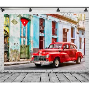 BELECO 10x8ft Fabric Vintage Street Red Car Backdrop Old Havana Cuba City Classic Car Old Building Cuban Background for Theme Party Decor Kids Adults Portrait Photo Studio Props (N5-a14349)