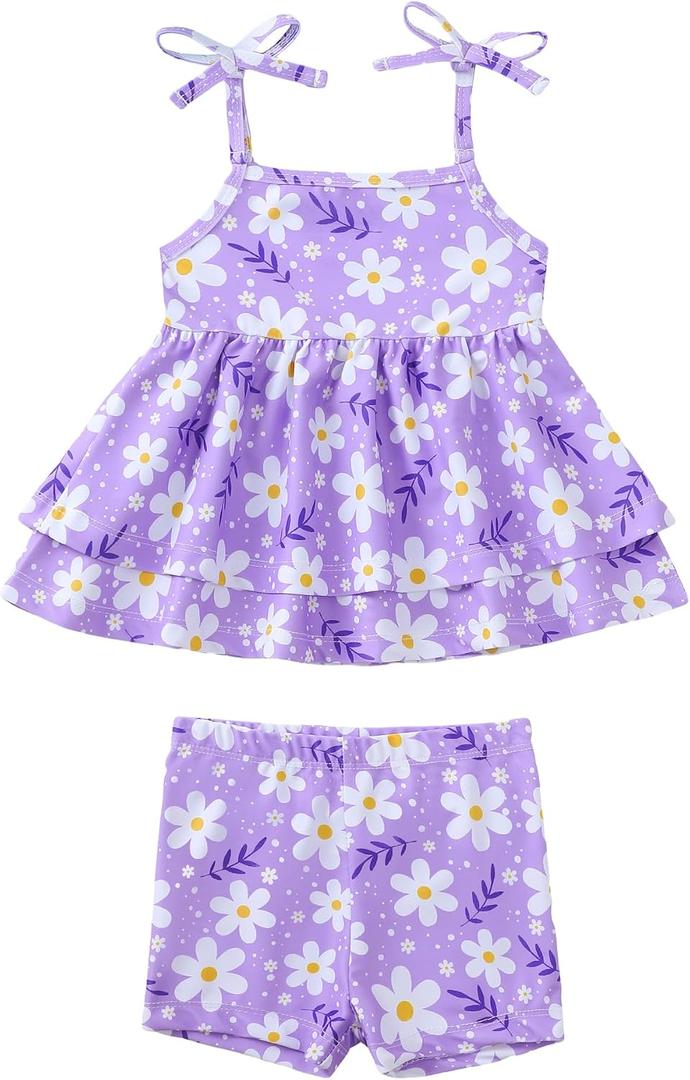 Kucnuzki Baby Girl Two Piece Swimsuit Toddler Bathing Suit Summer Beach Ruffle Tankini Bikini Set Swimwear for Kids