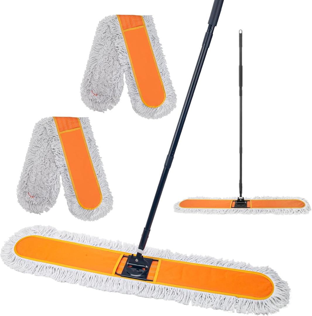 48" Commercial Dust Mops for Floor Cleaning, Heavy Duty Floor Duster Mop with 60" Long Handle, Industrial Wet Dry Sweeper Mops with 2 Reusable Mop Pads for Janitor Indoor Warehouse Gym Hotel