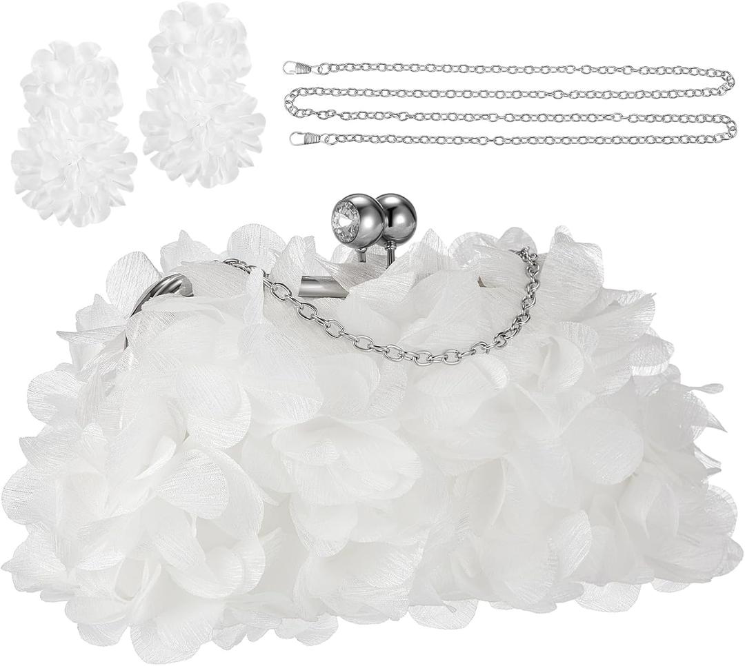 Women Evening Bag Floral Clutch Purse Flower Dangle Earrings Set with 2 Detachable Chain for Wedding, Party, Prom