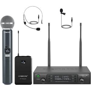 Phenyx Pro Wireless Microphone System, Dual Channel 100 UHF Metal Receiver, 328ft Range Auto Scan, Cordless Handheld & Bodypack & Lapel Mic Combo for Karaoke Church Speech PTU-71-1H1B