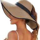 Sun Beach Hats for Women with Ponytail Hole, Floppy Wide Brim Beach Hat, Straw Summer Packable Sunhat Foldable Sun Protection, Medium, Khaki