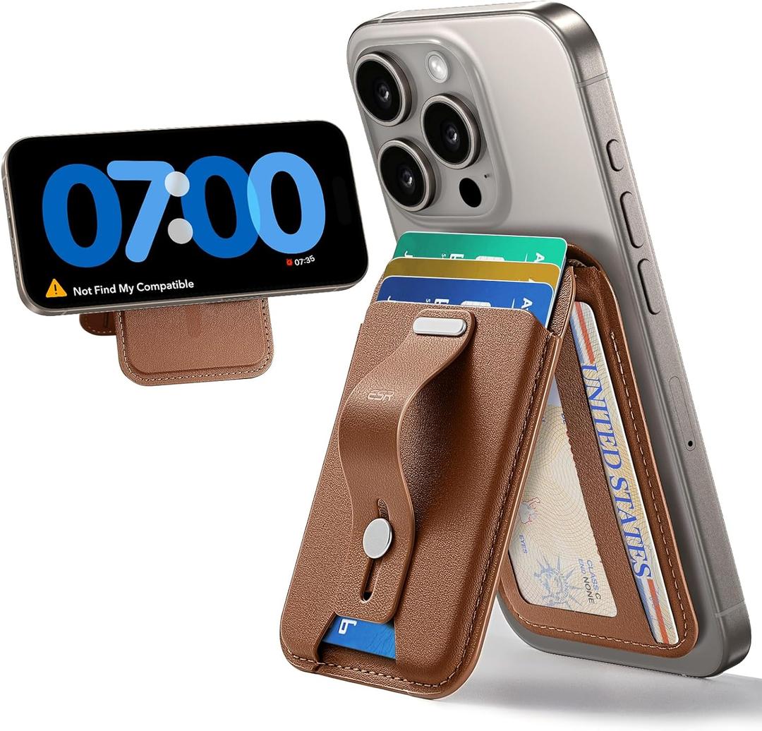 ESR for MagSafe Wallet Stand w Grip, RFID Blocking w MagSafe Ring, 5 Card Holder for Phone Case, Magnetic Wallet for iPhone 17/16/15/14/13/12(Not for Mini), Selected Samsung, Adjustable Stand, Brown
