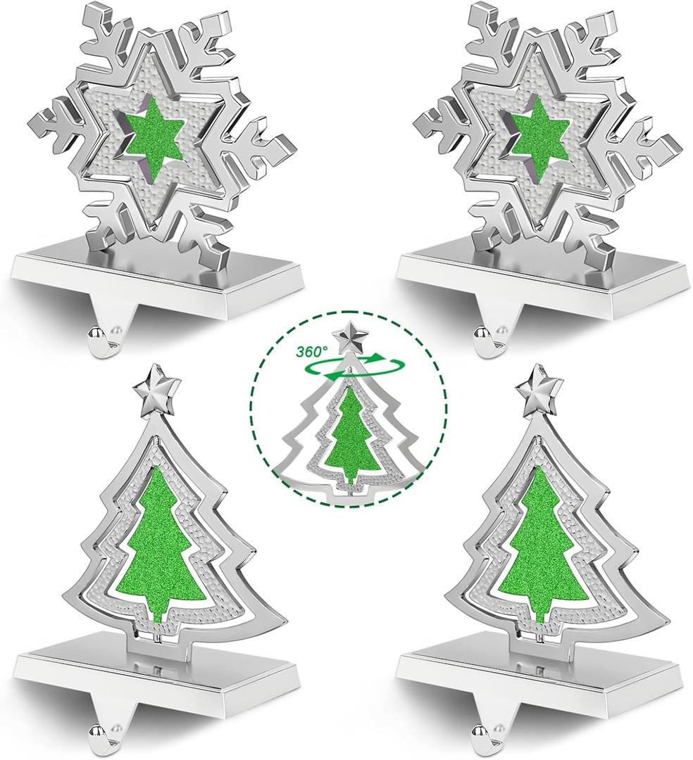 Christmas Stocking Holders for Mantle Set of 4 Snowflake Christmas Tree Stocking Hangers for Mantel Silver Weighted Metal Stocking Hook Stand with Non Slip Base for Fireplace Christmas Decoration