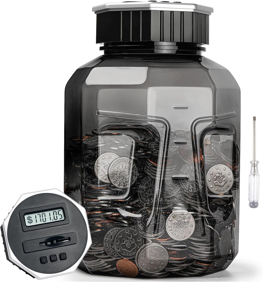 X-Large Piggy Bank for Adults Kids, Vcertcpl Digital Coin Counting Bank with LCD Counter, 2.4L Capacity, Great Coin Counter Bank Money Counting Jar with Total Amount Displayed, Bank for All US Coins (Gray)