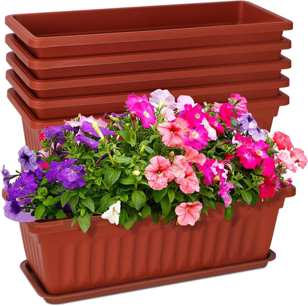 6 Packs Window Box Planter, 17 Inches Flower Window Box Rectangular Plastic Vegetable Planters with Trays for Windowsill, Patio, Garden, Balcony, Brick Red
