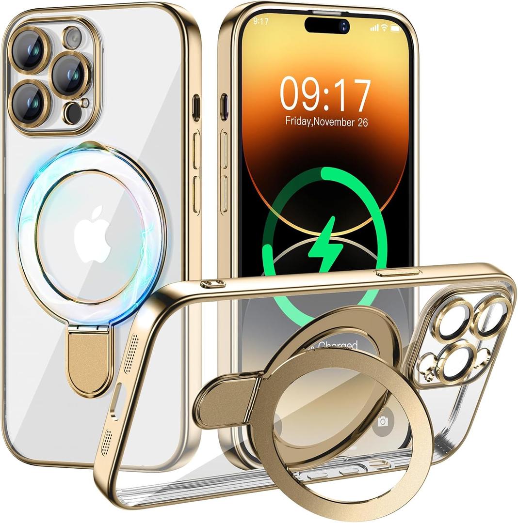 Magnetic for iPhone 14 Pro Case with Invisible Stand[Compatible with MagSafe][Full Camera Lens Protector][Military Drop Protection]Shockproof Not Yellowing Clear Slim Soft for Women Men Gold