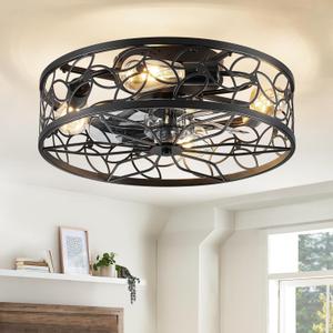 LEDIARY Caged Ceiling Fans with Lights, Black Flush Mount Ceiling Fan with Remote, Small Low Profile Bladeless Ceiling Fan Light Fixture for Bedroom, Kitchen, Dining Room (Medium)