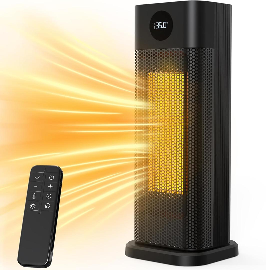 Space Heater - 1500W PTC Ceramic Tower Heaters for Indoor Use with Adjustable Thermostat, Timer and Remote Control, Quick 1s Heat-up 70 Oscillation Electric Heater for Office, Bedroom, Room, Home