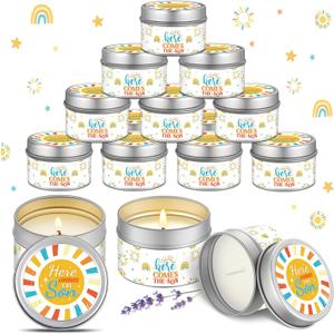 Nuanchu 12 Pcs Here Comes The Sun Baby Shower Candles Gifts Bulk for Guests Thank You Gifts Boho Rainbow Sunshine Party Favor Lavender Birthday Candles Souvenirs for Guests Gender Reveal Boy, 1.2 Oz