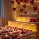 Happy Anniversary Decoration, Light Up Letters Luminaries Signs with Flameless Candles and Fake Rose Petals, Anniversary Romantic Party Decor