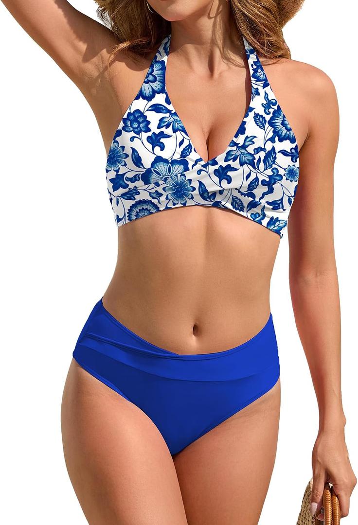 TASHEHE Women's Bikini Set High Waisted Twist Swimsuit Colorblock Halter Two Piece Bathing Suit (L)