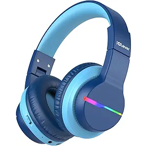 iClever BTH12 Kids Bluetooth Headphones,Colorful LED Lights Kids Headphones Wireless,74/85dBA Safe Volume,85H Playtime,Fast Charging,Bluetooth 5.2,Over Ear,Builtin Mic for iPad/Tablet/Airplane,Blue