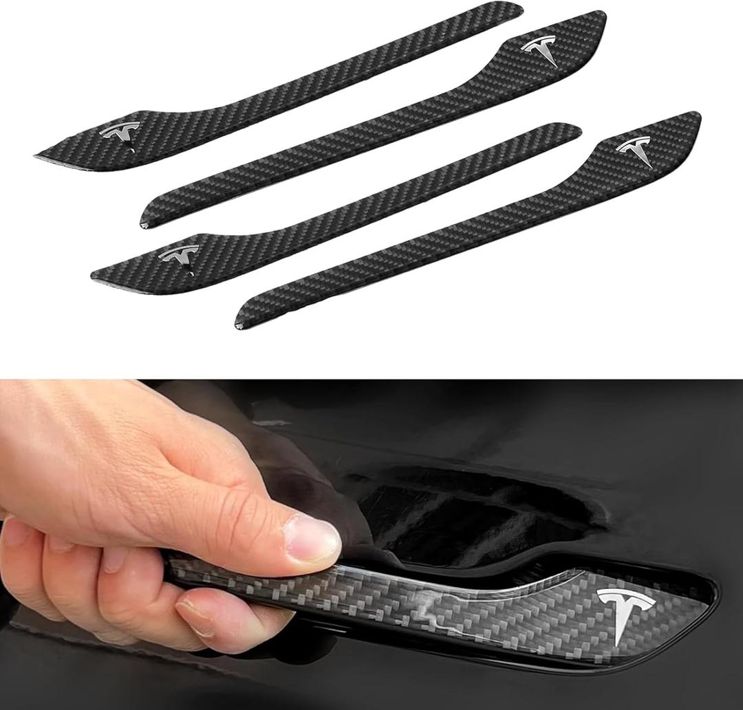 4PCS Door Handle Cover Compatible with Tesla Model 3 (2019-2025) Highland Model Y (2020-2026) Juniper Real Carbon Fiber 3D Sticker Wrap Covers Exterior Trim Door Sill Protector Accessories (Black)