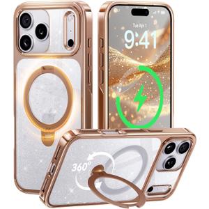 CASEKOO Rose Gold Pearl Sparkle 360 Spin Magnetic Stand for Glossy iPhone 17 Pro Case for Women, Fit for MagSafe, 17FT Drop Protection, Chic Design for 17 Pro Case with Stand, Sparkle Rose Gold