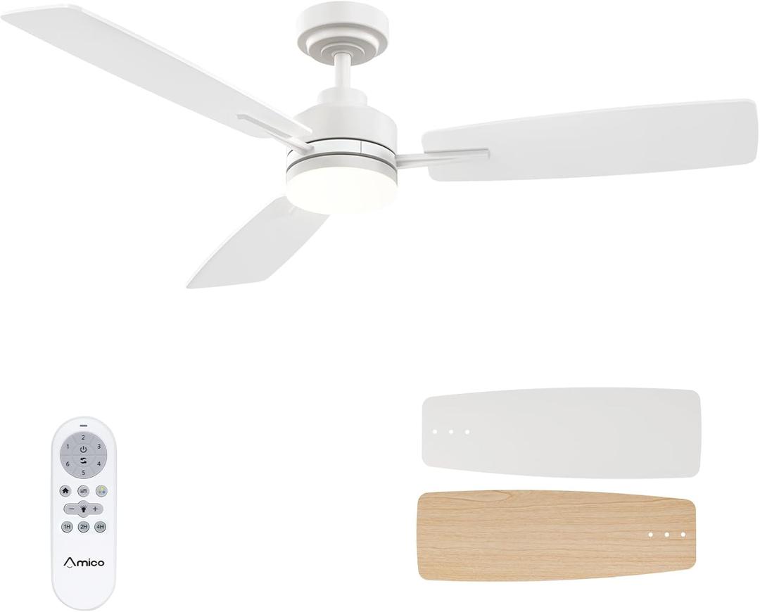 Amico Ceiling Fans with Lights, 52 Inch Ceiling Fan with Light and Remote Control, White Fan, Reversible, 3CCT, Dimmable, Noiseless, Ceiling Fan for Bedroom, Indoor/Outdoor Use Amico Ceiling Fans with Lights, 52 Inch Ceiling Fan with Light and Remote Control, White Fan, Reversible, 3CCT, Dimmable, Noiseless, Ceiling Fan for Bedroom, Indoor/Outdoor Use