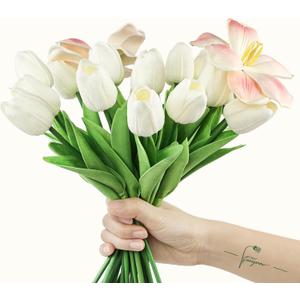 20Pcs Cream Tulips Artificial Flowers Real Touch PU Faux Tulips 18 Buds & 2 Fully Blooms Fake Flowers for Home Decor - Easter Spring Table Arrangement (Bedroom, Living Room, Kitchen)