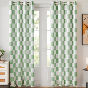 Sage Green Checkered Window Curtains, 100% Blackout Curtains 84 Inch Length 2 Panels Set, Darkening Curtains for Bedroom, Living Room Long Drapes 52" W x 84" L Each (Pack of 2)