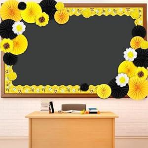 Supervitae 48 Pcs Bee Sunflower Bulletin Board Borders Decorations 3D Flowers Classroom Bulletin Board Decor with Paper Fans Tissue Paper Flowers for School Classroom Blackboard Home Wall Decorations