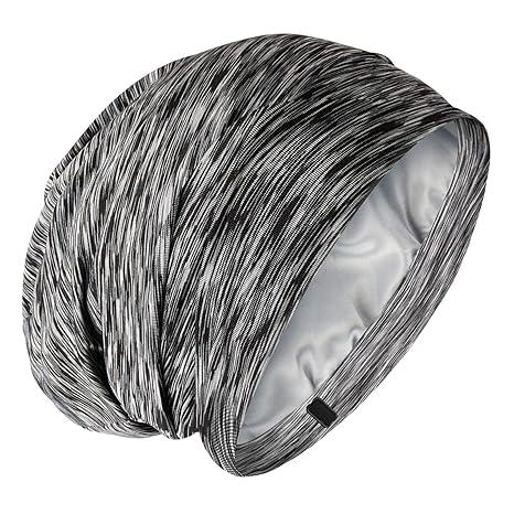 Silky Satin Lined Bonnet Sleep Cap - Adjustable Stay on All Night Hair Wrap Cover Slouchy Beanie for Curly Hair Protection for Women and Men - Heather Black