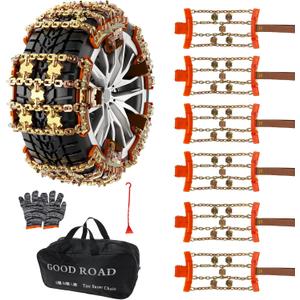 KYX Upgrade Alloy Steel Tire Chains for Car/SUV/Pickup Truks, Adjustable Universal Emergency Snow Chains for Off-road SUV Car Tires 185 195 205 215 225 235 245 255 - Set of 6, Alloy Steel
