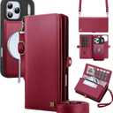 for Wallet Case Compatible with iPhone 17 Pro Max,Multi-Function Detachable 2 in 1 Magnetic iPhone 17 Pro Max Case Wallet,Flip Strap Zipper Card Holder Phone Case with Shoulder Straps (Red)
