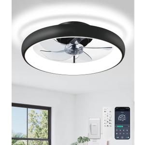 Ultra Low Profile Ceiling Fans with Lights and Remote Ultra Quiet 25 dB, 21" Modern Flush Mount LED Ceiling Fan Fandelier Ceiling Fan for Bedroom Kitchen (Matte Black)