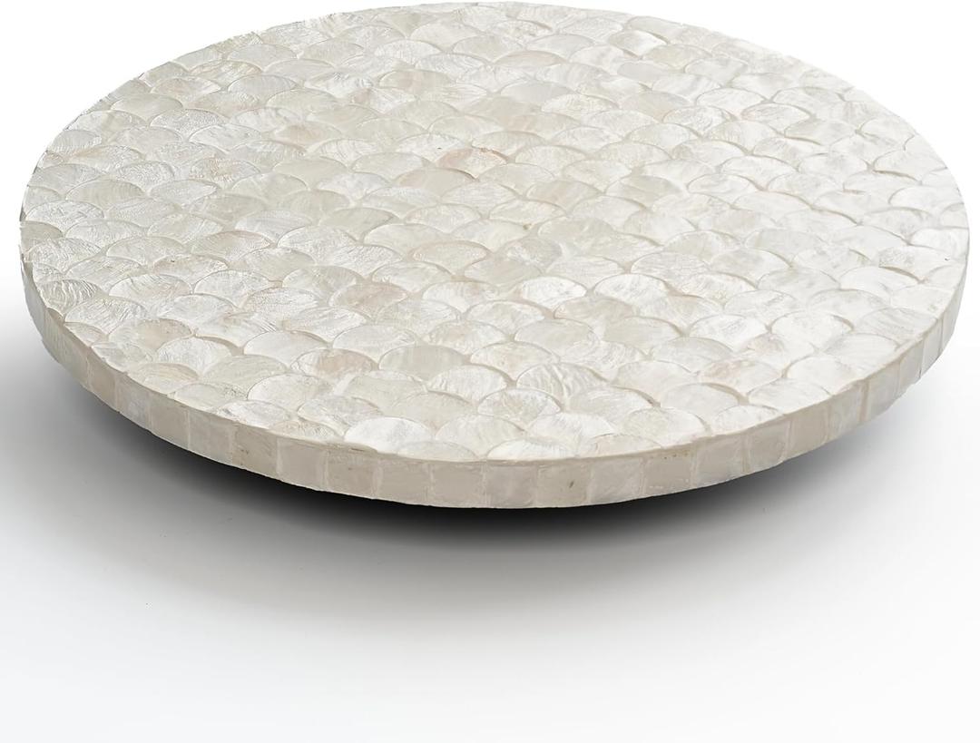 12 Inch Capiz Lazy Susan, Decorative Lazy Susan Turntable Centerpiece for Dining Table, Kitchen Counter, Round Mother of Pearl Capiz Shell Spinning Tray for Countertop & Tabletop (White)
