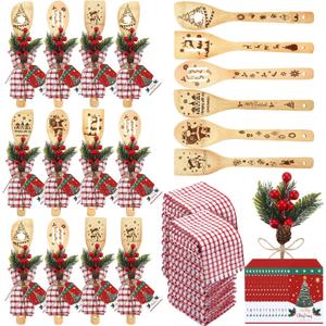 Mimorou 12 Set Christmas Kitchen Utensils Set Christmas Cooking Gift Bamboo Cooking Spoon Spatulas with Artificial Picks Waffle Towels Thank You Tags for Winter Holiday Housewarming Kitchen Decoration