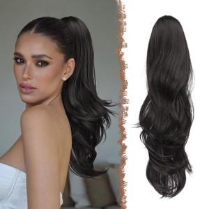 FESHFEN Drawstring Ponytail Extension, Natural Long Wavy Layered Synthetic Pony Tails Natural Black Hair Extensions Hairpieces for Women, 20 inch