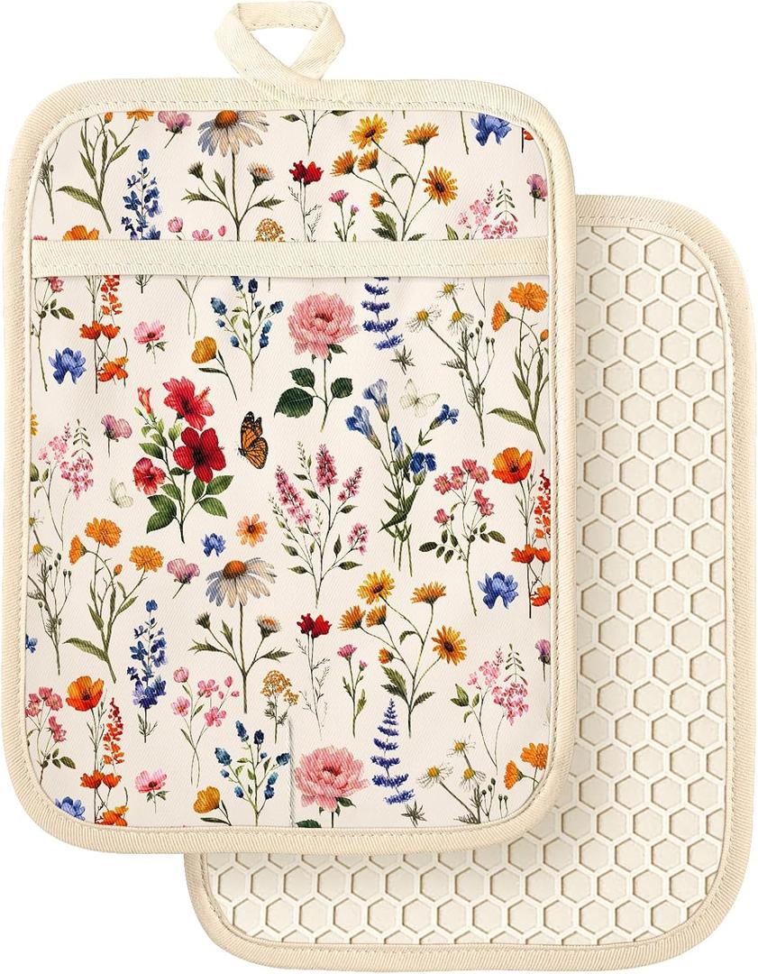 Slohif Silcone Flowers Pot Holders for Kitchen - 100% Cotton Beige Cute Oven Potholders with Pockets, Heat Resistant Square Thick Hot Pads, House New Home Baking Baker Gifts,2pack