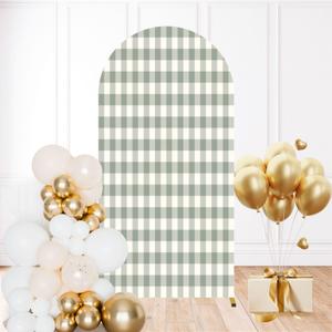 6FT Wedding Arch Backdrop Cover Seamless Checkered Light Sage Green Spandex Fitted Round Top Backdrop Stand Cover for Ceremony Banquet Birthday Party Decor (Color3)
