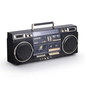 aiwa Retro Boombox BackTrack CD Player with Cassette Recording, Bluetooth 5.0, FM/ AM Radio, USB/ SD/ AUX Inputs, VU Meters, LCD Display, Dual 40W Speakers (Black and Gold)