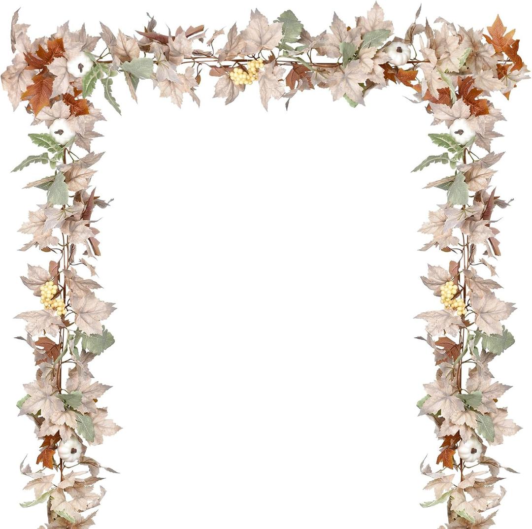 DearHouse 2 Pack Fall Garland Maple Leaf, 5.9Ft/Piece Hanging Vine Garlands Artificial Autumn Foliage Garland Thanksgiving Decor for Home Wedding Fireplace Party Christmas (White&Green)