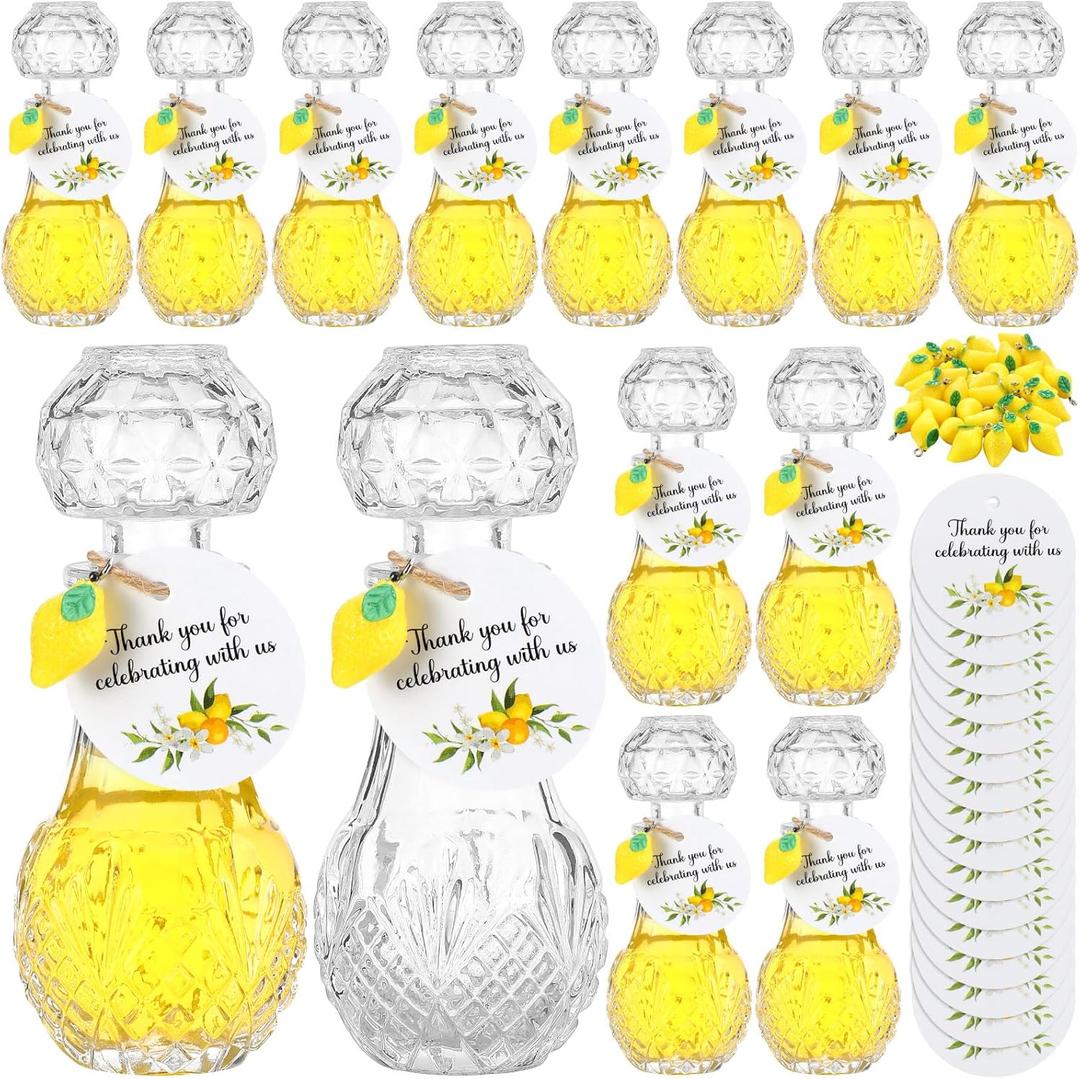 Chuangdi 16 Sets Mini Limoncello Glass Bottles Limoncello Bottles with Labels 1.7 oz Lemon Pendants Lemon Party Favors for Homemade Brewing Wedding Baby Shower Gifts(Classic)